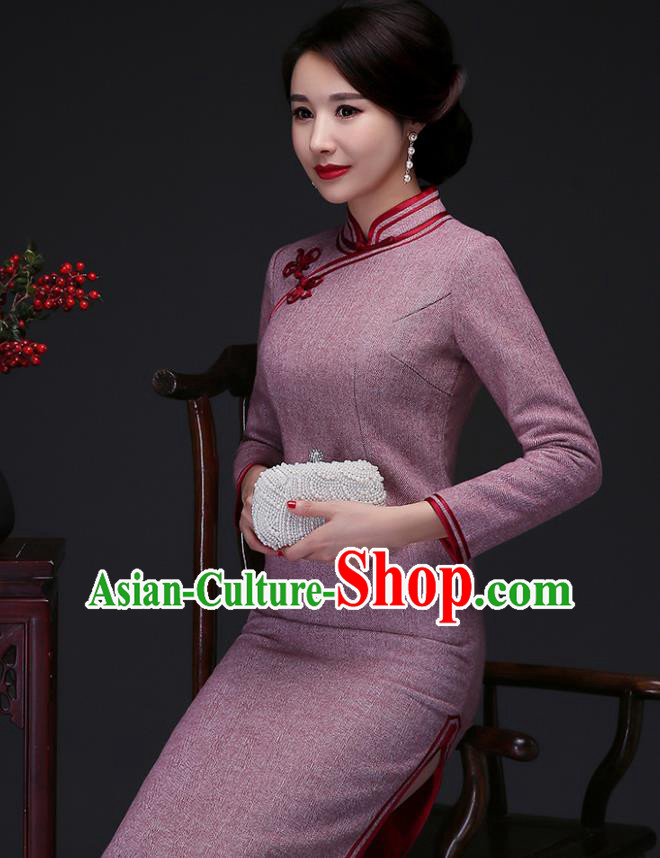 Traditional Chinese Lilac Woolen Cheongsam Mother Tang Suit Qipao Dress for Women