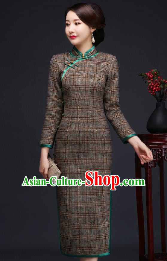 Traditional Chinese Grey Woolen Cheongsam Mother Tang Suit Qipao Dress for Women