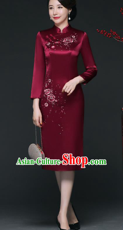 Traditional Chinese Embroidered Roses Wine Red Silk Cheongsam Mother Tang Suit Qipao Dress for Women