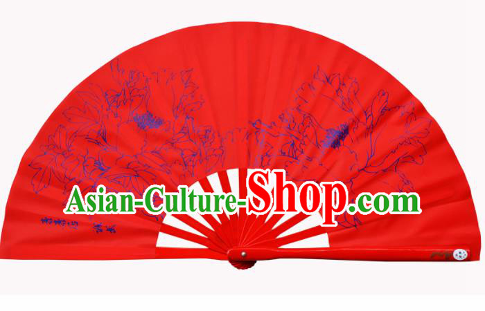 Chinese Handmade Martial Arts Printing Peony Red Fans Accordion Fan Traditional Kung Fu Folding Fan