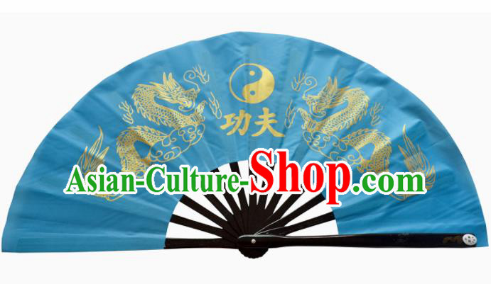 Chinese Handmade Martial Arts Printing Dragons Blue Fans Accordion Fan Traditional Kung Fu Folding Fan