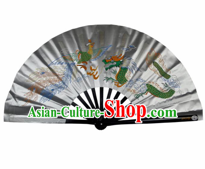 Chinese Handmade Martial Arts Printing Phoenix Dragon Grey Silk Fans Accordion Fan Traditional Kung Fu Folding Fan