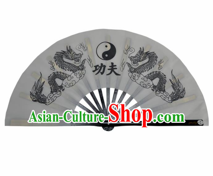 Chinese Handmade Martial Arts Printing Dragons Grey Silk Fans Accordion Fan Traditional Kung Fu Folding Fan