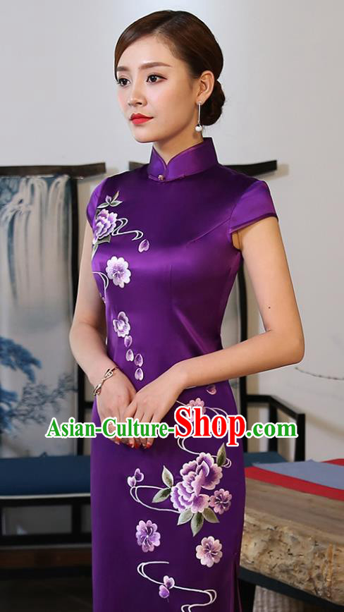 Traditional Chinese Embroidered Peony Purple Silk Cheongsam Mother Tang Suit Qipao Dress for Women