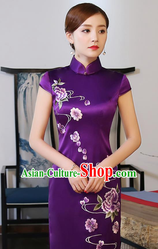 Traditional Chinese Embroidered Peony Purple Silk Cheongsam Mother Tang Suit Qipao Dress for Women