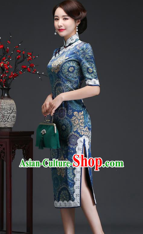 Traditional Chinese Printing Blue Silk Cheongsam Mother Tang Suit Qipao Dress for Women