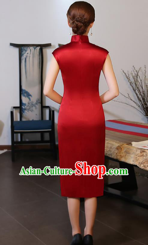 Traditional Chinese Embroidered Peony Red Silk Short Cheongsam Mother Tang Suit Qipao Dress for Women