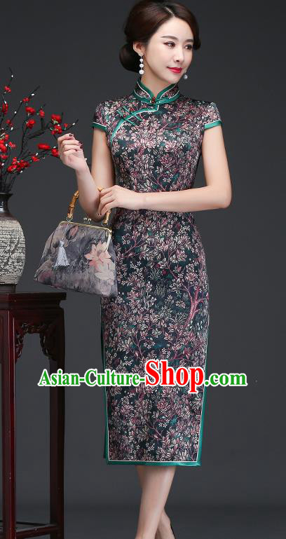 Traditional Chinese Printing Deep Green Silk Cheongsam Mother Tang Suit Qipao Dress for Women
