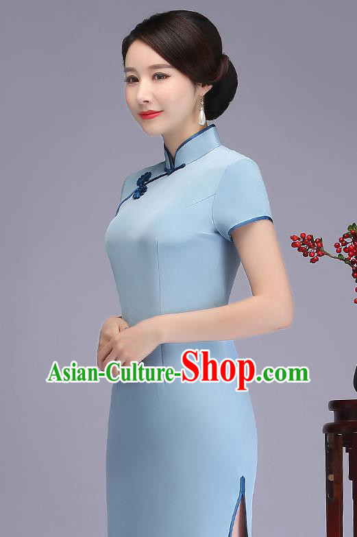 Traditional Chinese Blue Silk Cheongsam Mother Tang Suit Qipao Dress for Women