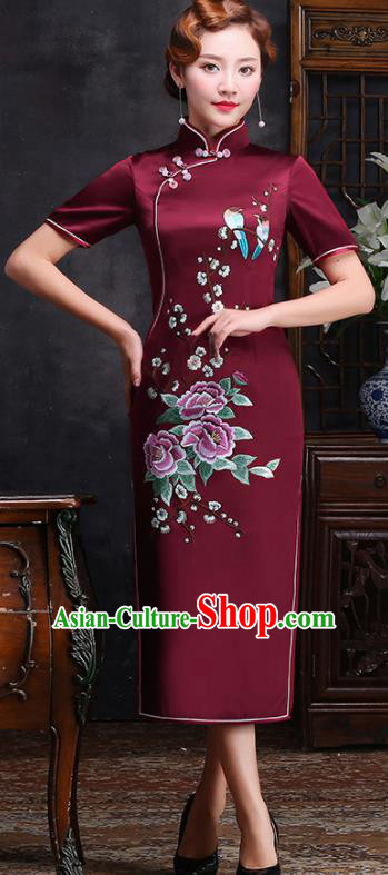 Traditional Chinese Embroidered Peony Plum Purplish Red Silk Cheongsam Mother Tang Suit Qipao Dress for Women