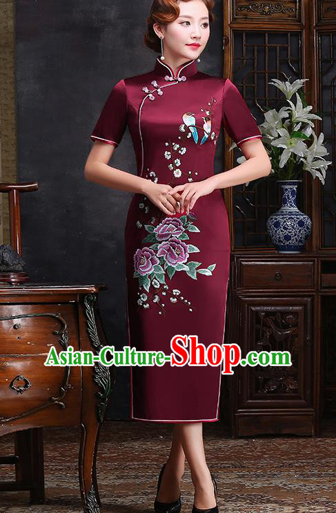 Traditional Chinese Embroidered Peony Plum Purplish Red Silk Cheongsam Mother Tang Suit Qipao Dress for Women