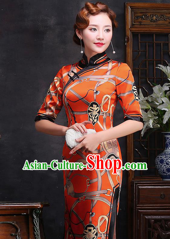 Traditional Chinese Printing Orange Silk Cheongsam Mother Tang Suit Qipao Dress for Women