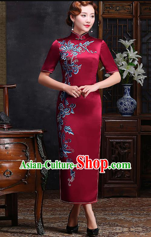 Traditional Chinese Printing Wine Red Silk Cheongsam Mother Tang Suit Qipao Dress for Women