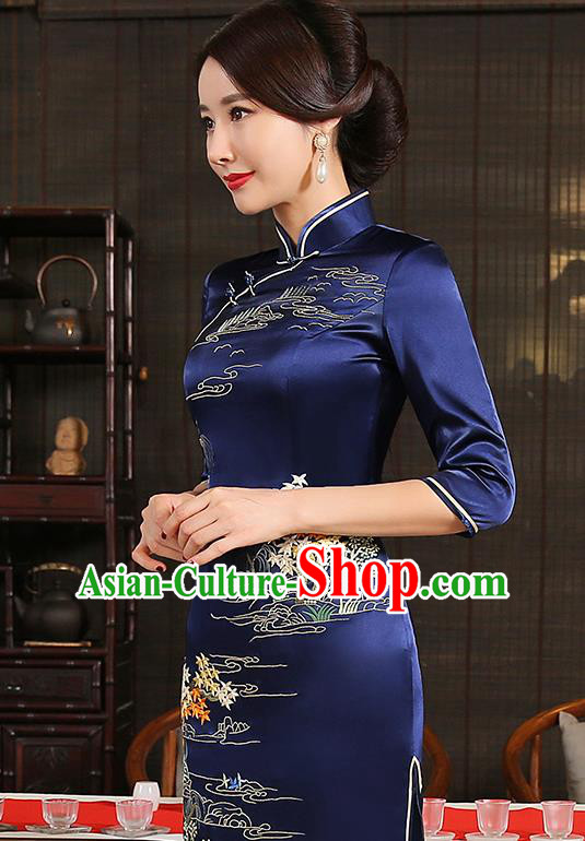Traditional Chinese Embroidered Royalblue Silk Cheongsam Mother Tang Suit Qipao Dress for Women