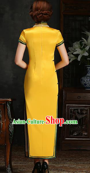 Traditional Chinese Embroidered Yellow Silk Cheongsam Mother Tang Suit Qipao Dress for Women