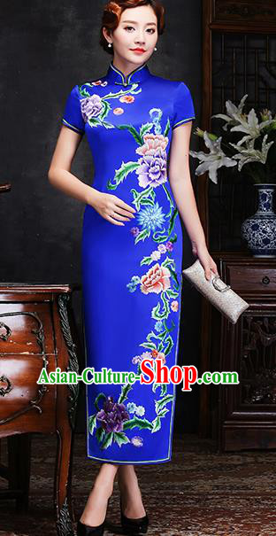 Traditional Chinese Embroidered Peony Royalblue Silk Cheongsam Mother Tang Suit Qipao Dress for Women