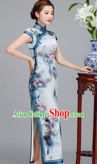 Traditional Chinese Printing Lotus Light Blue Silk Cheongsam Mother Tang Suit Qipao Dress for Women
