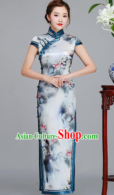 Traditional Chinese Printing Lotus Light Blue Silk Cheongsam Mother Tang Suit Qipao Dress for Women