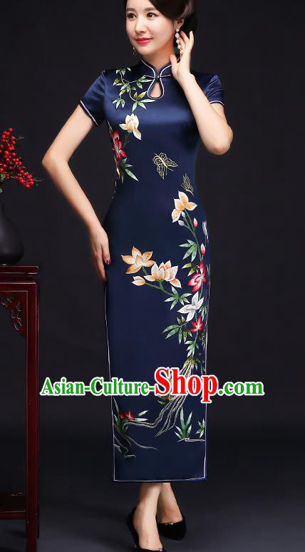 Traditional Chinese Embroidered Flowers Royalblue Silk Cheongsam Mother Tang Suit Qipao Dress for Women