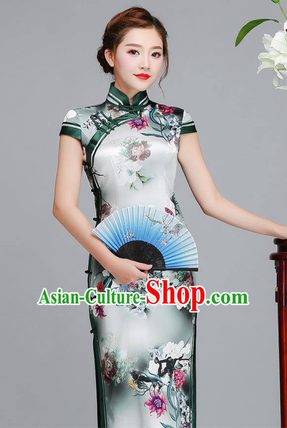 Traditional Chinese Printing Flowers Light Green Silk Cheongsam Mother Tang Suit Qipao Dress for Women