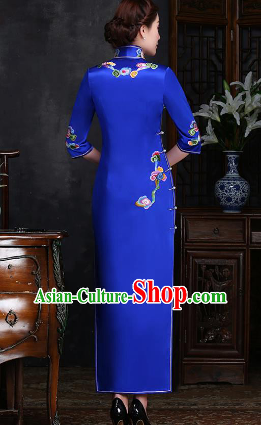 Traditional Chinese Embroidered Clouds Royalblue Silk Cheongsam Mother Tang Suit Qipao Dress for Women