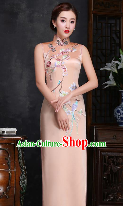 Traditional Chinese Embroidered Plum Champagne Silk Cheongsam Mother Tang Suit Qipao Dress for Women