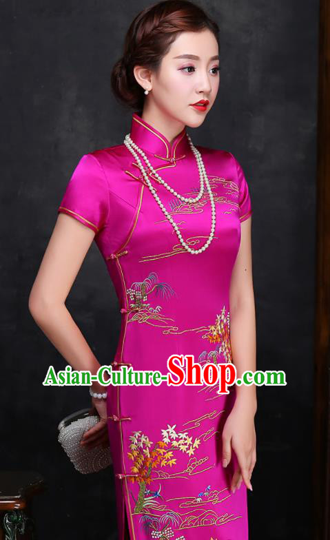 Traditional Chinese Embroidered Rosy Silk Cheongsam Mother Tang Suit Qipao Dress for Women