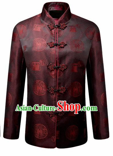 Traditional Chinese Brown Brocade Cotton Padded Coat New Year Tang Suit Stand Collar Overcoat for Old Men