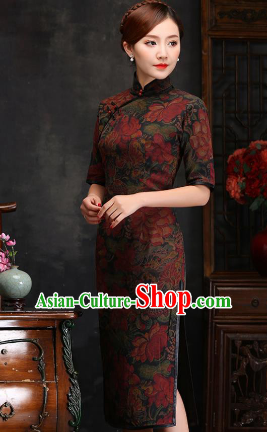 Traditional Chinese Printing Lotus Silk Cheongsam Mother Tang Suit Qipao Dress for Women