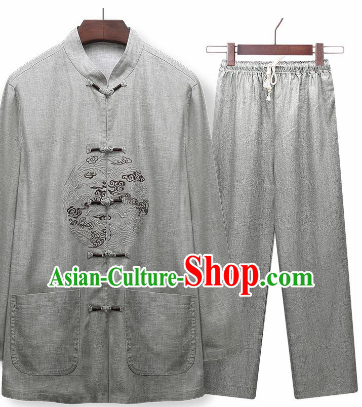 Traditional Chinese Tang Suit Embroidered Grey Silk Outfits Tai Chi Training Costumes for Old Men