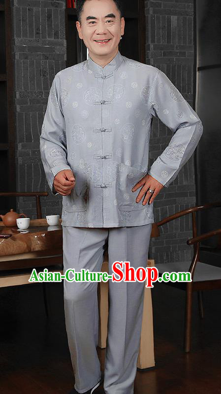 Traditional Chinese Tang Suit Grey Silk Outfits Tai Chi Training Costumes for Old Men