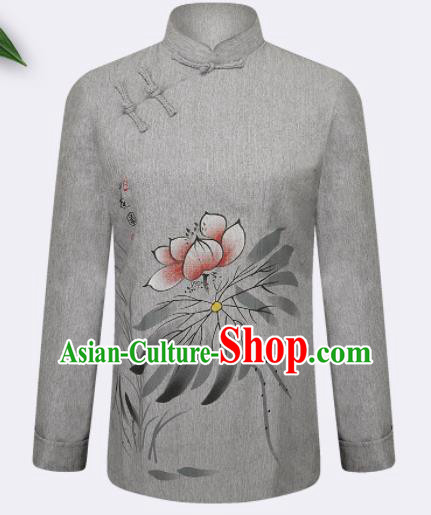 Traditional Chinese Tang Suit Printing Lotus Grey Blouse Tai Chi Training Costumes for Old Women