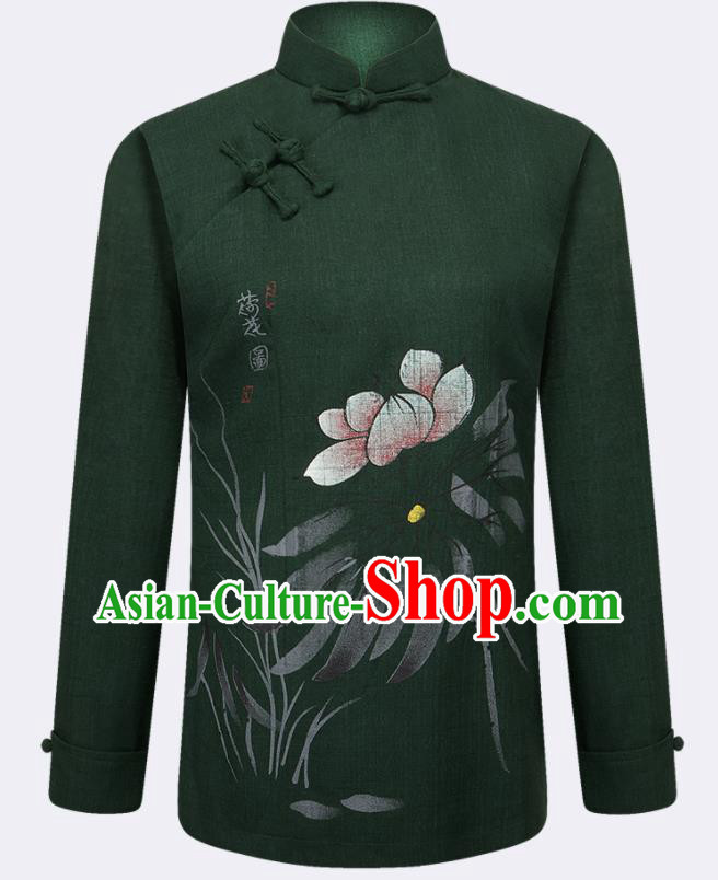Traditional Chinese Tang Suit Printing Lotus Deep Green Blouse Tai Chi Training Costumes for Old Women