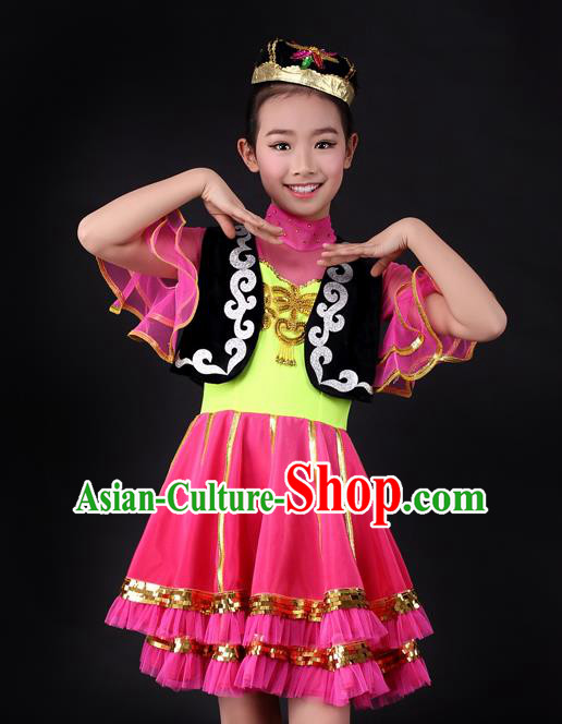 Traditional Chinese Child Xinjiang Uyghur Nationality Rosy Dress Ethnic Minority Folk Dance Costume for Kids