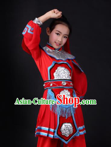 Traditional Chinese Classical Dance Hua Mulan Red Clothing Stage Show Costume for Kids