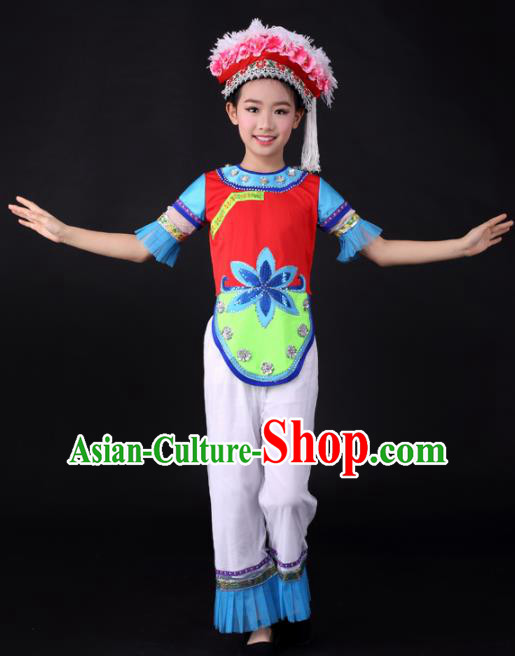 Traditional Chinese Child Bai Nationality Clothing Ethnic Minority Folk Dance Costume for Kids