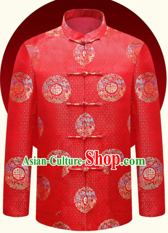 Traditional Chinese Lucky Pattern Red Brocade Cotton Wadded Jacket New Year Tang Suit Overcoat for Old Men