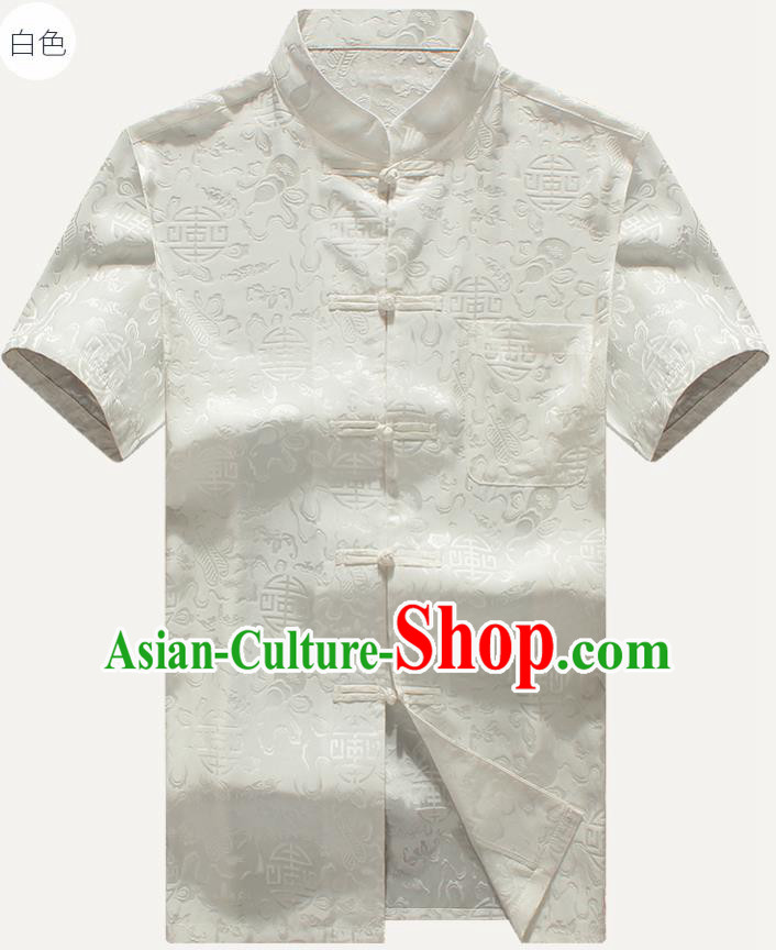 Traditional Chinese Tang Suit White Silk Shirt Tai Chi Training Costumes for Old Men