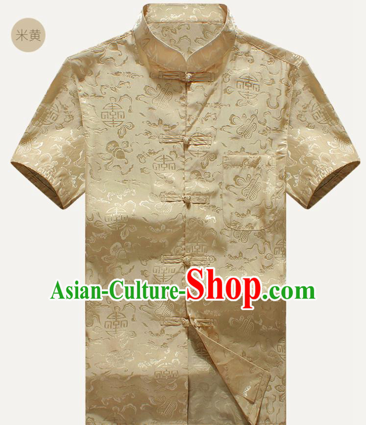 Traditional Chinese Tang Suit Golden Silk Shirt Tai Chi Training Costumes for Old Men