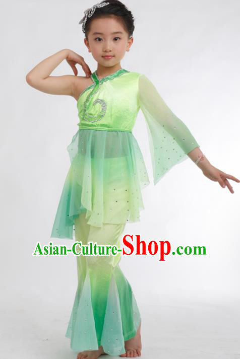 Traditional Chinese Folk Dance Fan Dance Green Veil Clothing Yangko Dance Stage Show Costume for Kids