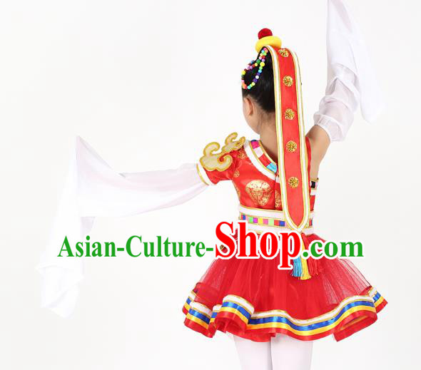 Traditional Chinese Child Zang Nationality Red Short Dress Ethnic Minority Folk Dance Costume for Kids