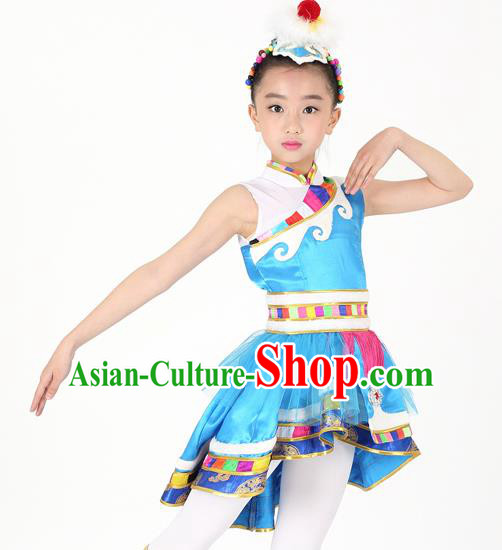 Traditional Chinese Child Zang Nationality Blue Veil Short Dress Ethnic Minority Folk Dance Costume for Kids