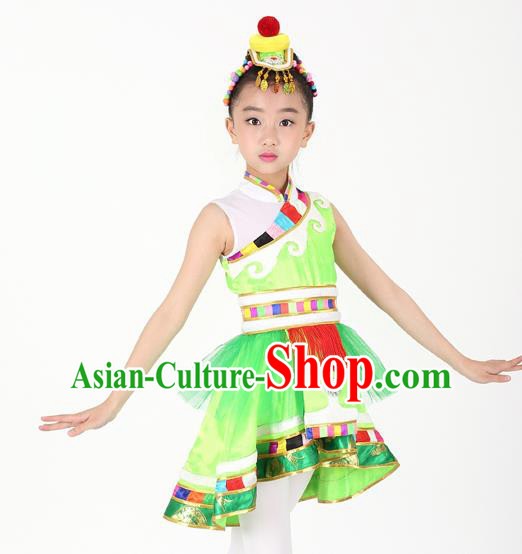 Traditional Chinese Child Zang Nationality Green Veil Short Dress Ethnic Minority Folk Dance Costume for Kids