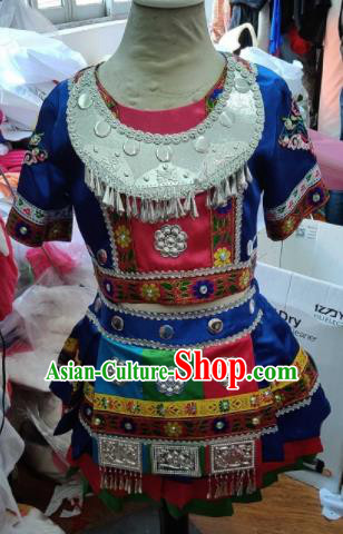 Traditional Chinese Child Miao Nationality Royalblue Short Skirt Ethnic Minority Folk Dance Costume for Kids