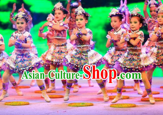 Traditional Chinese Child Yi Nationality Short Skirt Ethnic Minority Folk Dance Costume for Kids