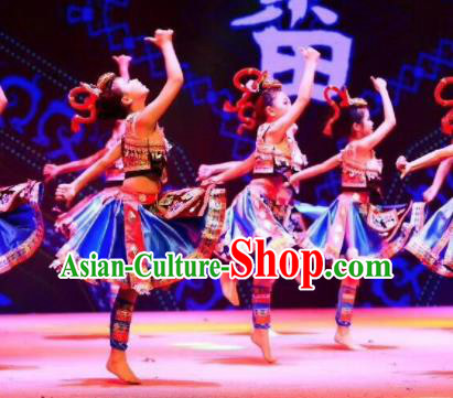 Traditional Chinese Child She Nationality Blue Short Skirt Ethnic Minority Folk Dance Costume for Kids