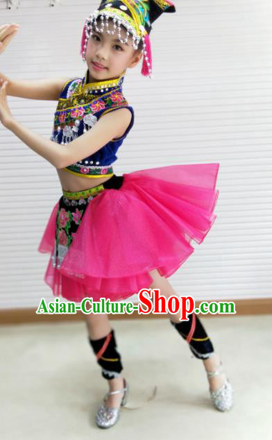 Traditional Chinese Child Yi Nationality Rosy Dress Ethnic Minority Folk Dance Costume for Kids