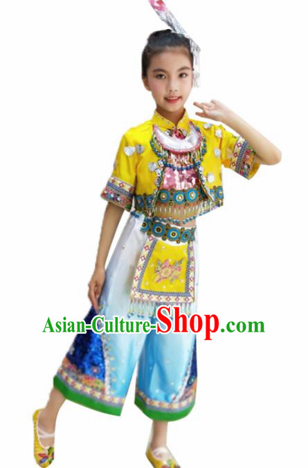 Traditional Chinese Folk Dance Yellow Outfits Spring Festival Fan Dance Yangko Dance Stage Show Costume for Kids