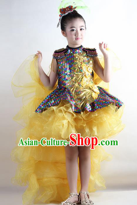 Traditional Chinese Children Classical Dance Yellow Veil Trailing Dress Stage Show Costume for Kids