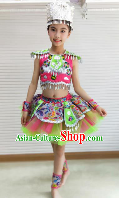 Traditional Chinese She Nationality Child Short Dress Ethnic Minority Folk Dance Costume for Kids